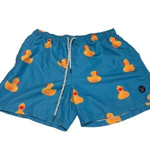 Molokai Surf Co Duck Print Swim Trunks Mens Medium Blue Beach Shorts